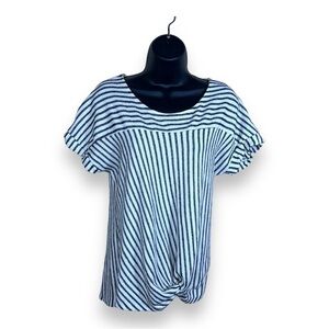 MEDIUM GYFT BLACK WHITE STRIPED TOP CLASSIC COASTAL CASUAL SHORT SLEEVE TWIST